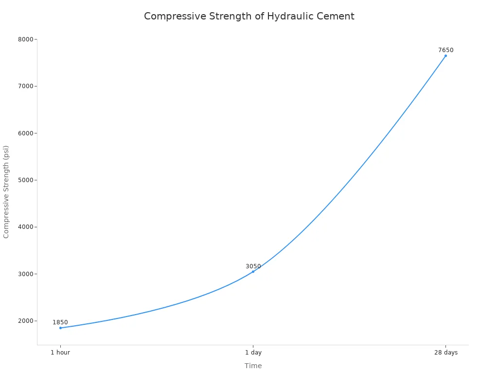 A line chart showing the increase in compressive strength of hydraulic cement over time, from 1850 psi at 1 hour to 7650 psi at 28 days.