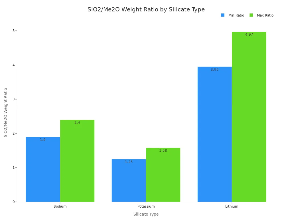 A bar chart showing the minimum and maximum SiO2/Me2O weight ratios for Sodium, Potassium, and Lithium silicate types.