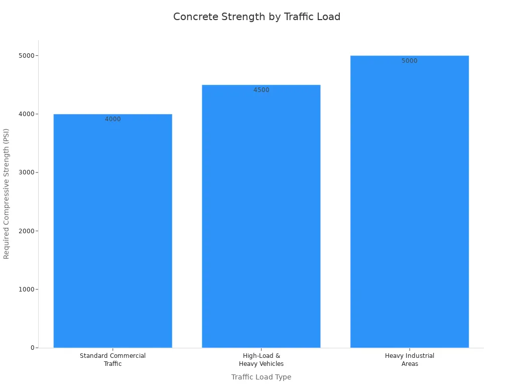 A bar chart showing the required compressive strength in PSI for different traffic load types. Standard Commercial Traffic requires 4000 PSI, High-Load & Heavy Vehicles require 4500 PSI, and Heavy Industrial Areas require 5000 PSI.