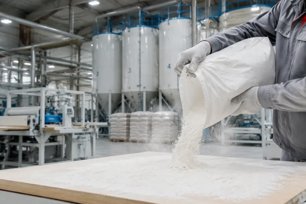 Inorganic Powder for Wood: A Factory'
                style=