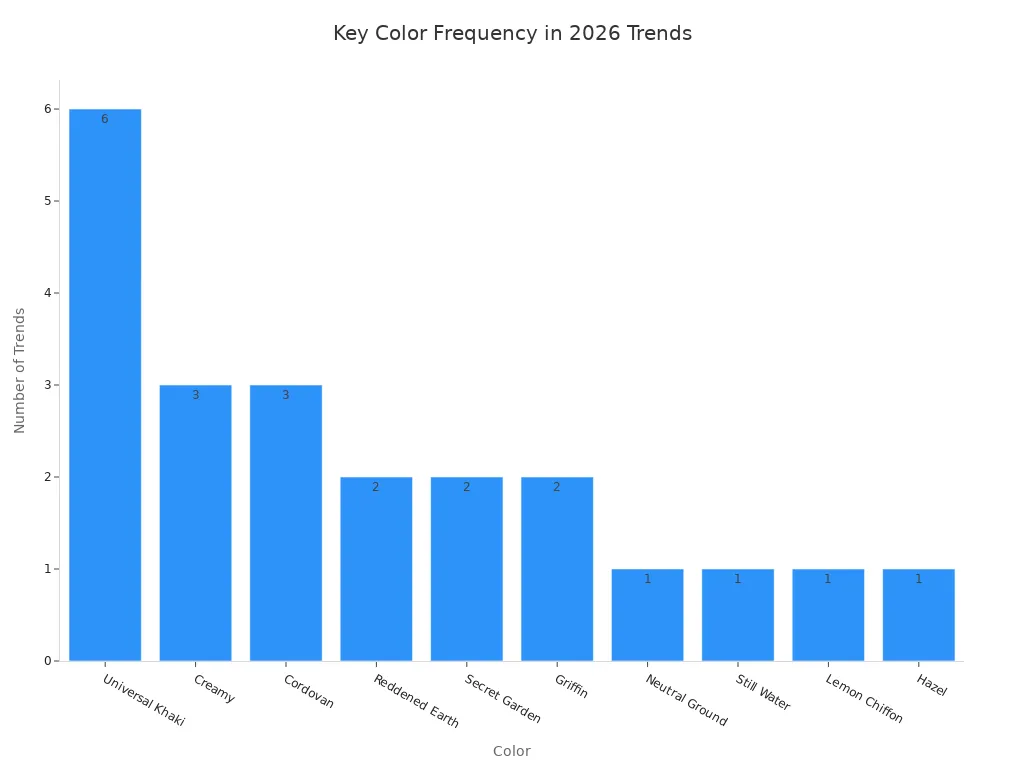 Bar chart showing the frequency of key colors across 2026 decorative wall coating trends, with Universal Khaki leading at 6 appearances.